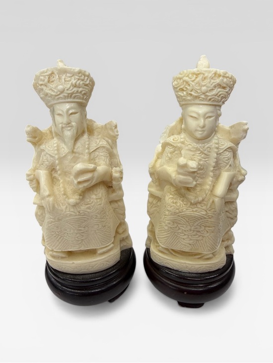 Other - Vtg Cream Hand Carved Resin Chinese Emperor and Empress Wood Base Figurine Set 2
